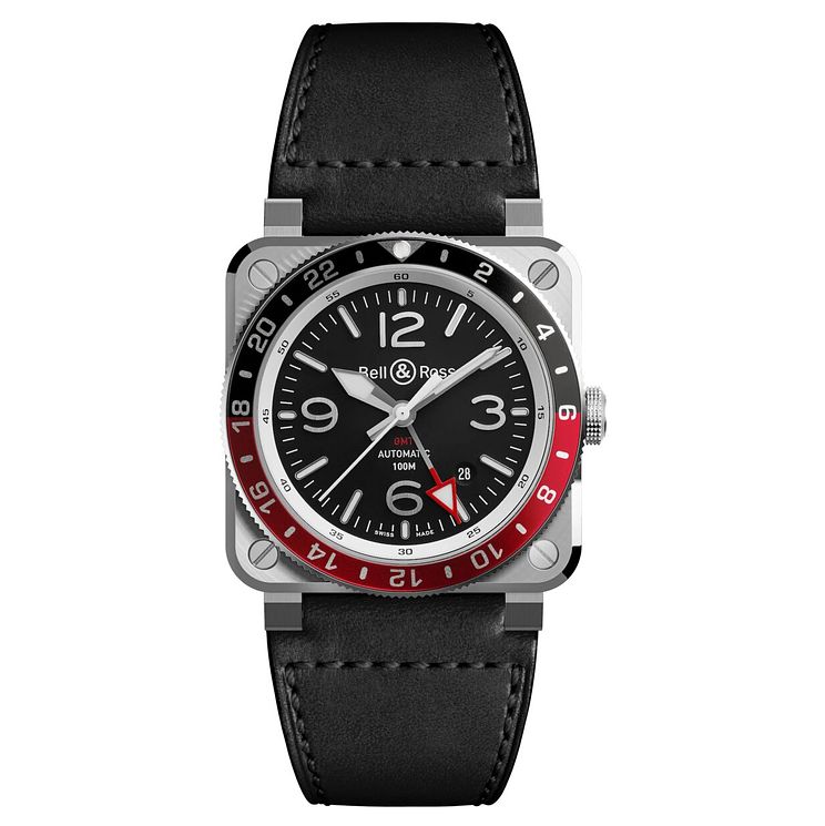BellandRoss Br 03-93 Gmt Mens Black Leather Strap Watch