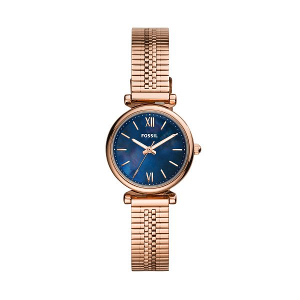 Fossil Ladies Blue Dial Rose Gold Tone Bracelet Watch