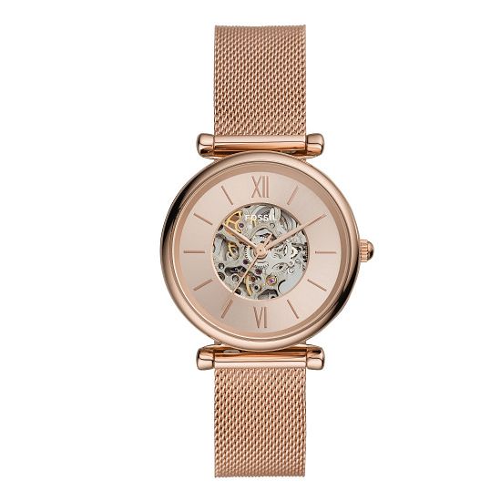 Fossil Ladies Rose Gold Tone Skeleton Bracelet Watch