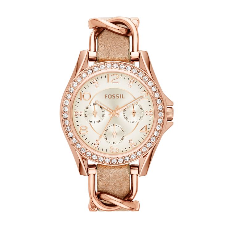 Fossil Riley Rose-gold Tone Stone Set Strap Watch