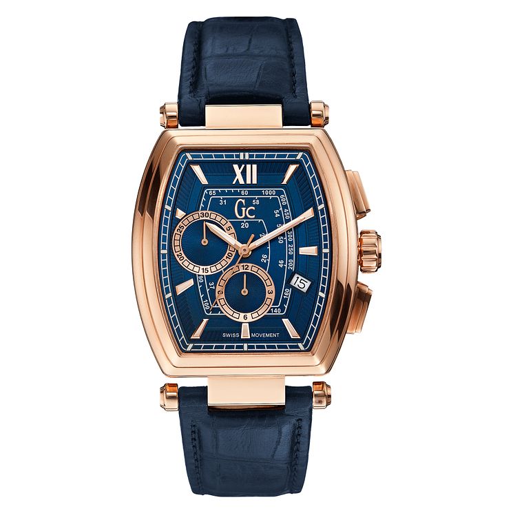 Gc Guess Mens Rose Gold Plated Blue Strap Watch