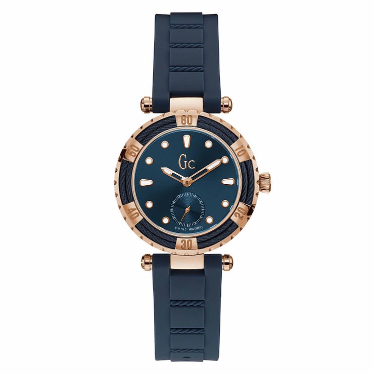 Gc Ladydiver Ladies Rose Gold Plated Blue Strap Watch