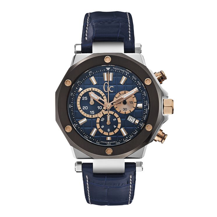 Gc Mens Chronograph Blue Leather Strap Watch