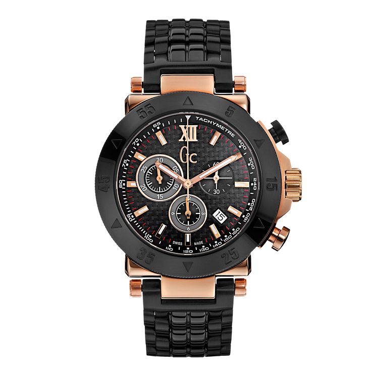 Gc Mens Rose Gold-plated Black Ceramic Bracelet Watch