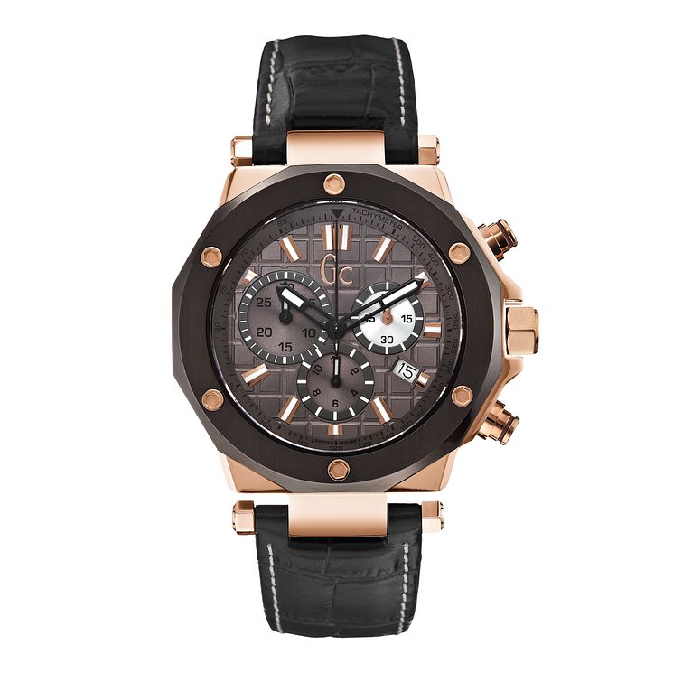 Gc Mens Rose Gold-plated Black Leather Strap Watch