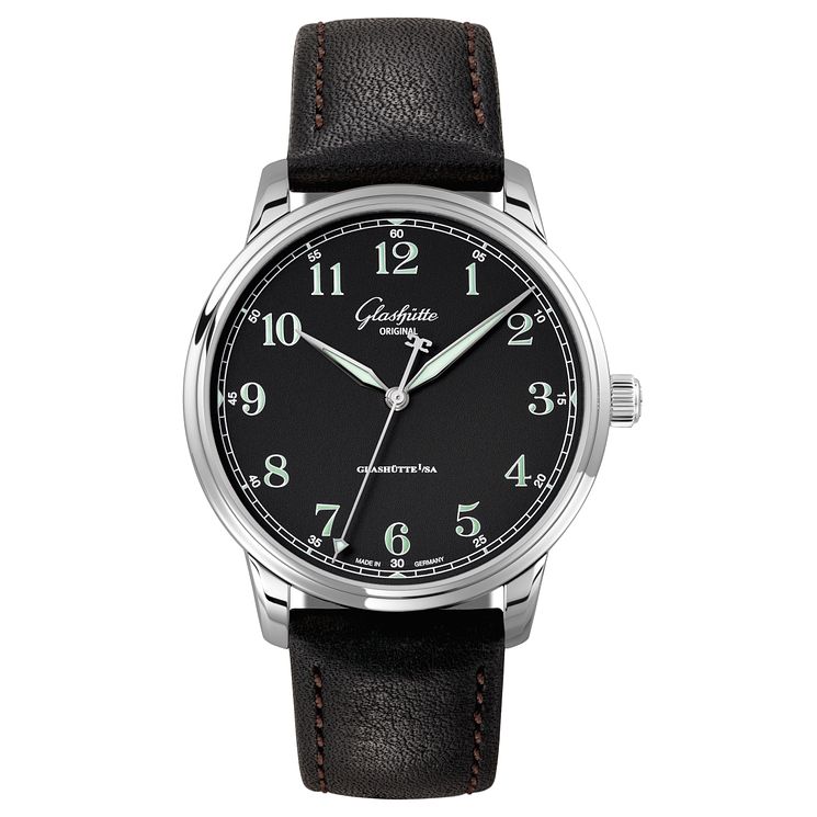 Glashutte Senator Mens Stainless Steel Black Strap Watch