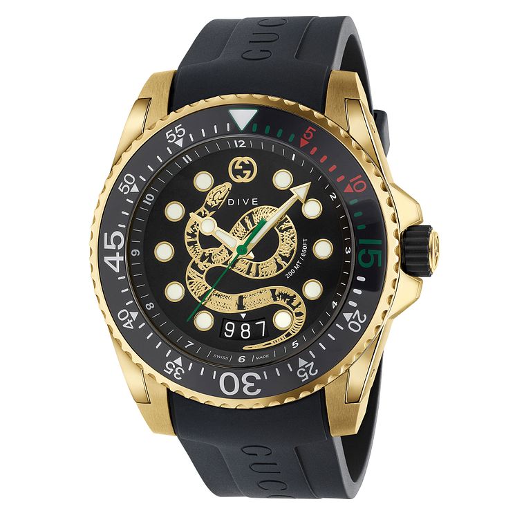 Gucci Dive Snake Dial Black Rubber Strap Watch