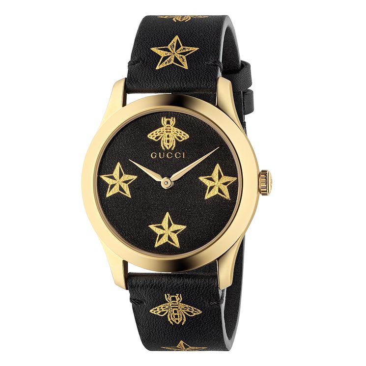 Gucci G-timeless Motif Black Leather Strap Watch