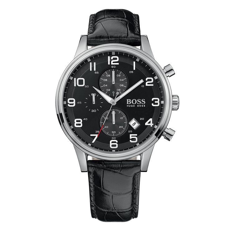 Boss Aeroliner Mens Black Leather Strap Watch