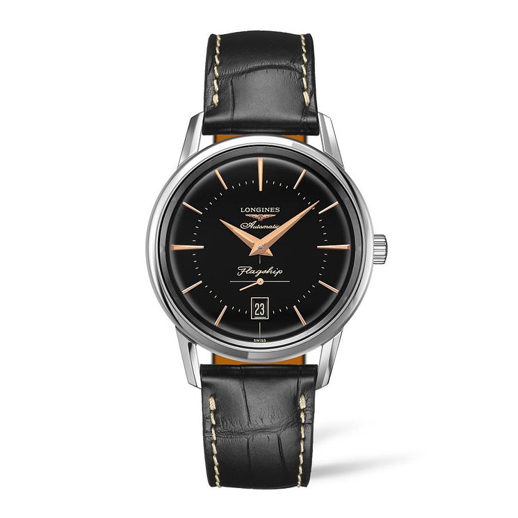 Longines Flagship Heritage Mens Black Leather Strap Watch