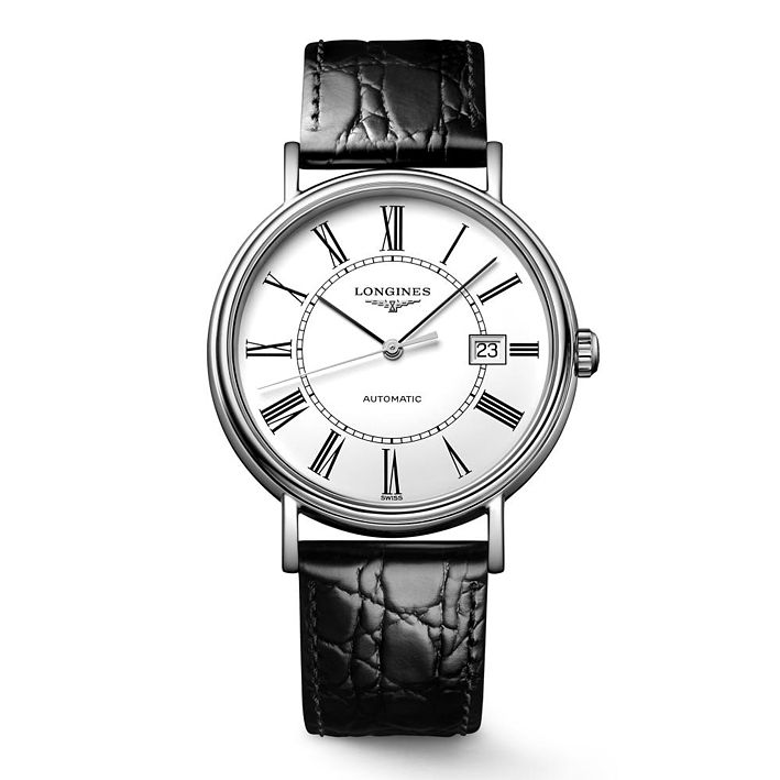 Longines Presence Mens Black Leather Strap Watch