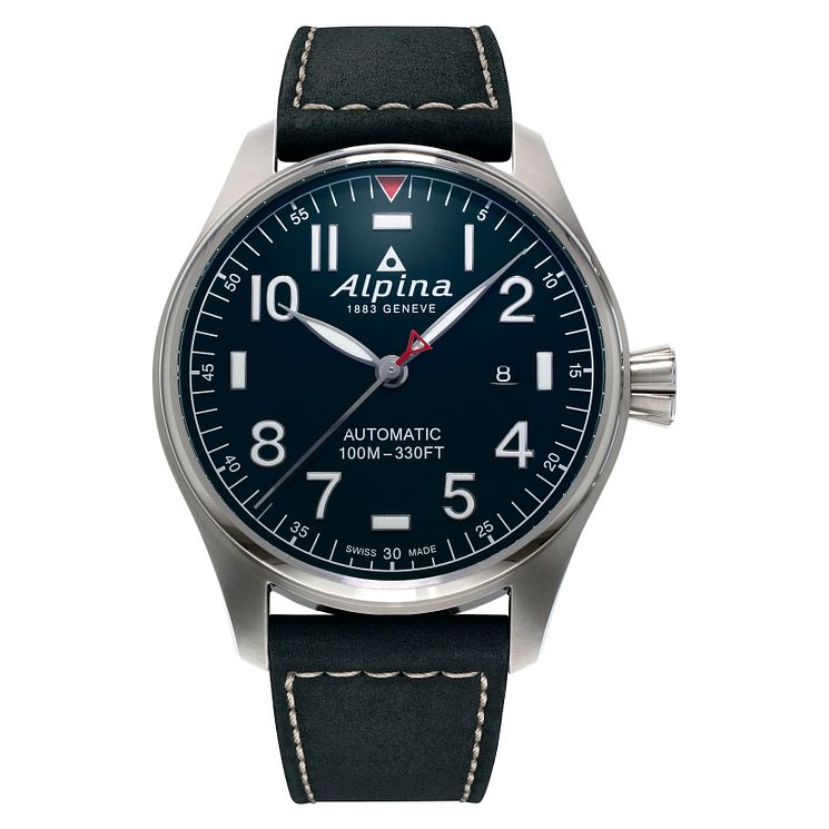 Alpina Startimer Pilot Automatic Black Leather Strap Watch