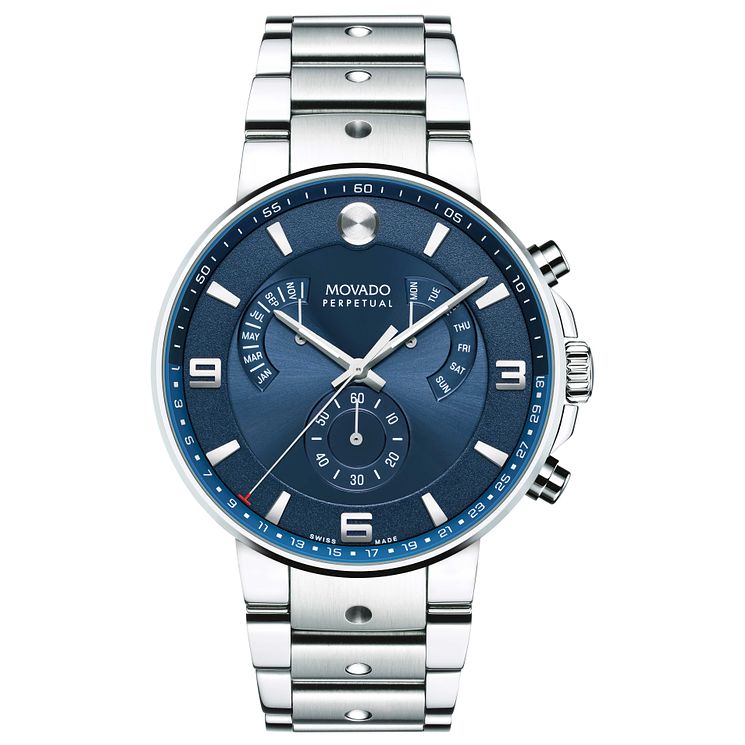 Movado Se Pilot Mens Stainless Steel Blue Dial Watch