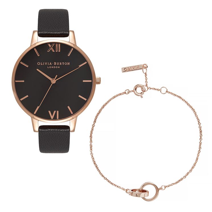 Olivia Burton Leather Strap WatchandRose Gold Tone Bracelet