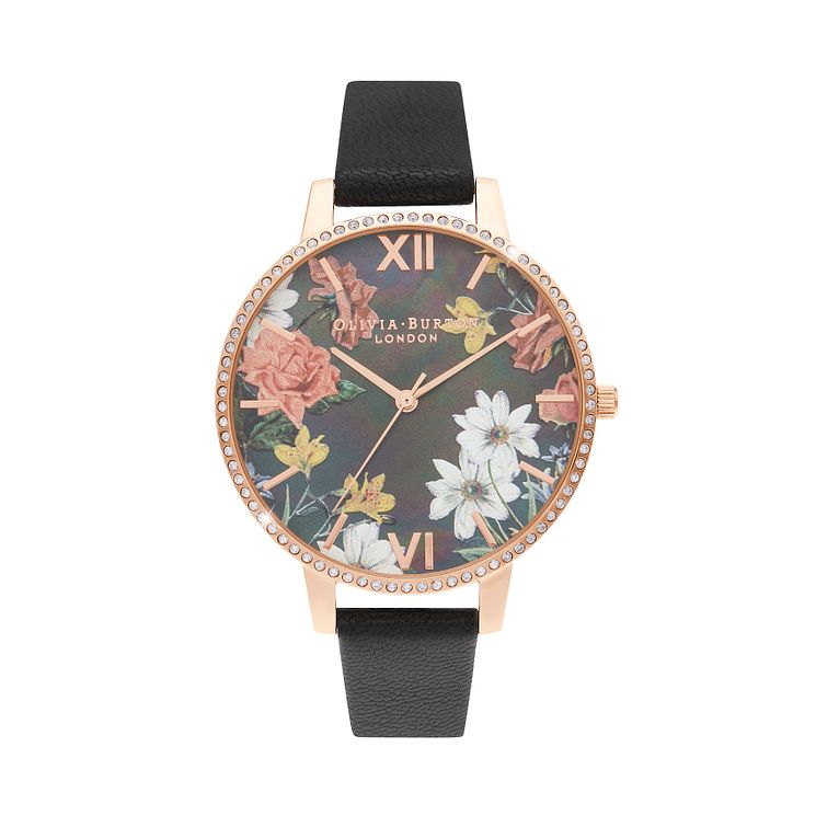 Olivia Burton Sparkle Flower Black Leather Strap Watch