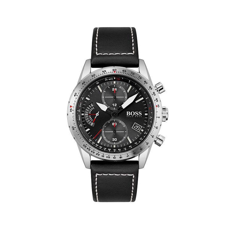 Boss Pilot Mens Black Leather Strap Watch