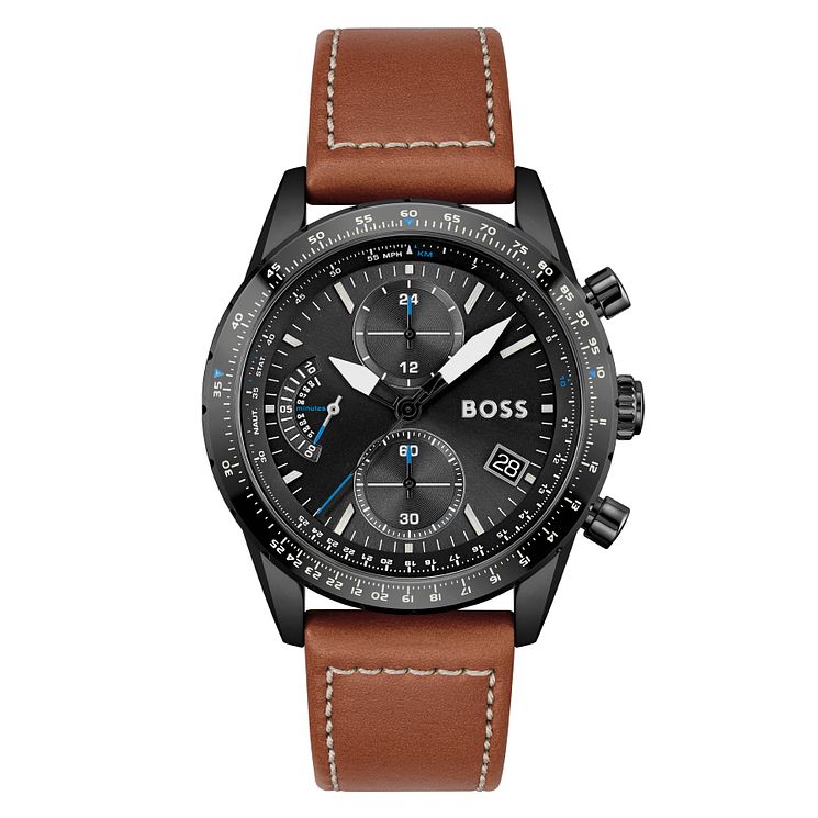 Boss Pilot Mens Brown Leather Strap Watch