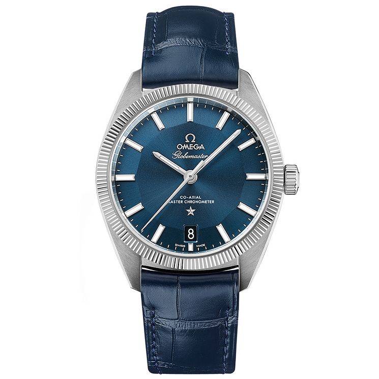 Omega Globemaster Mens Blue Leather Strap Watch