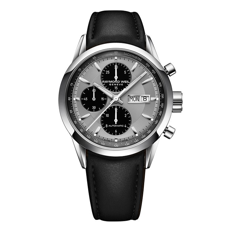 Raymond Weil Freelancer Mens Black Leather Strap Watch