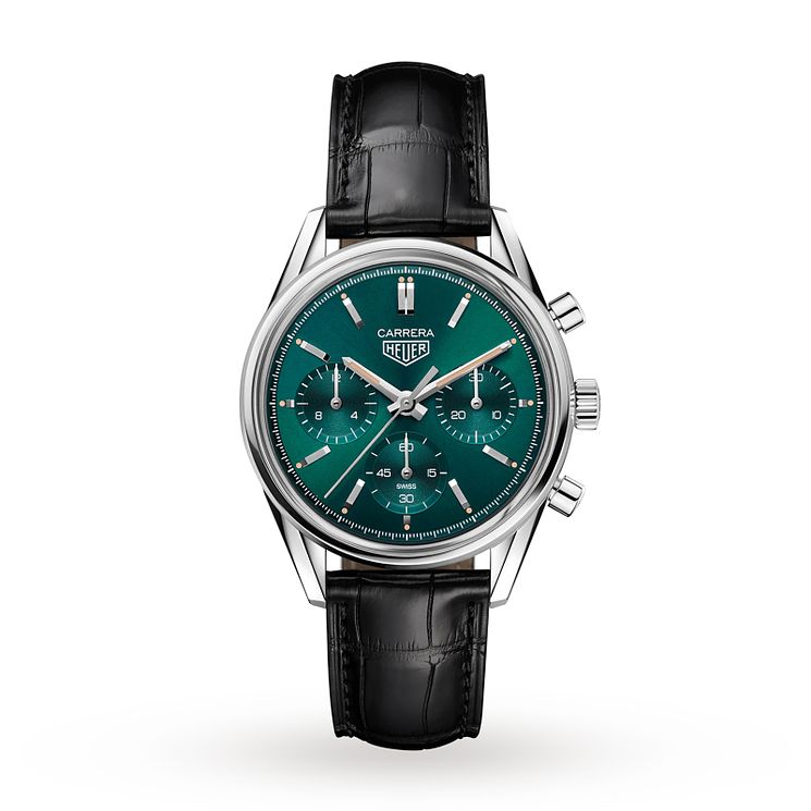 Tag Heuer Carrera Green Mens Black Leather Strap Watch