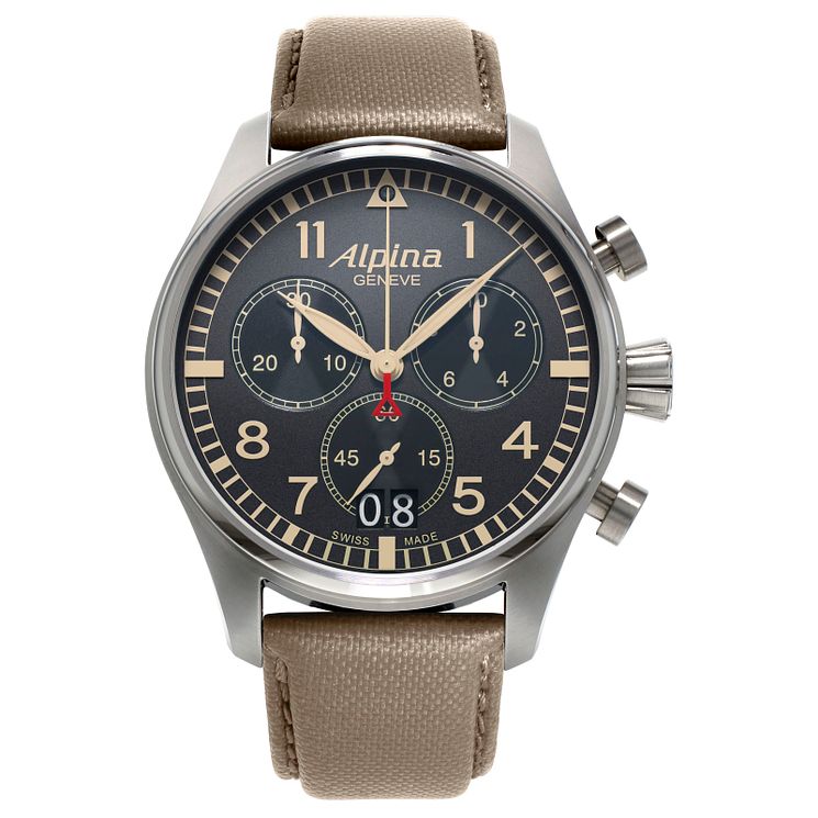 Alpina Startimer Pilot Mens Grey Leather Strap Watch