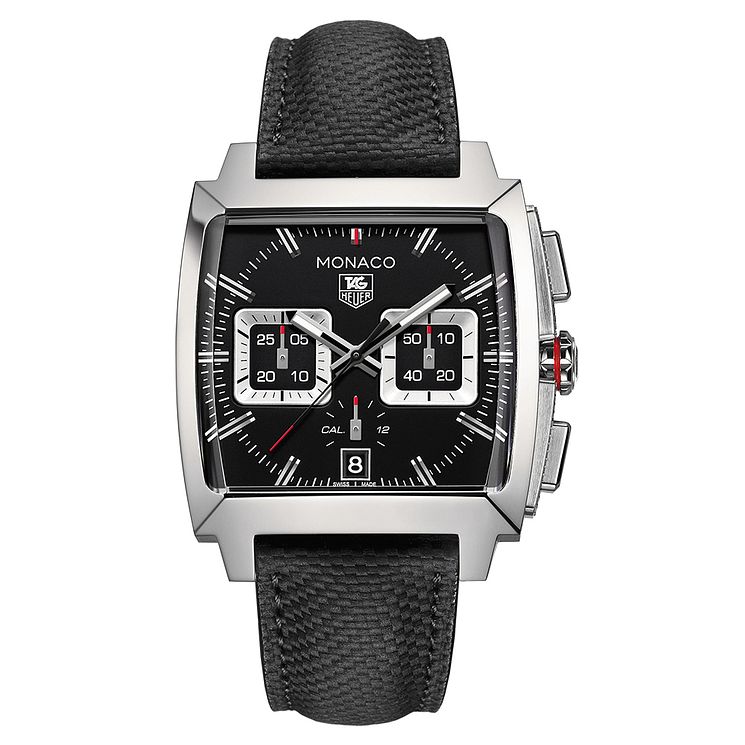 Tag Heuer Monaco Mens Stainless Steel Black Leather Strap Watch