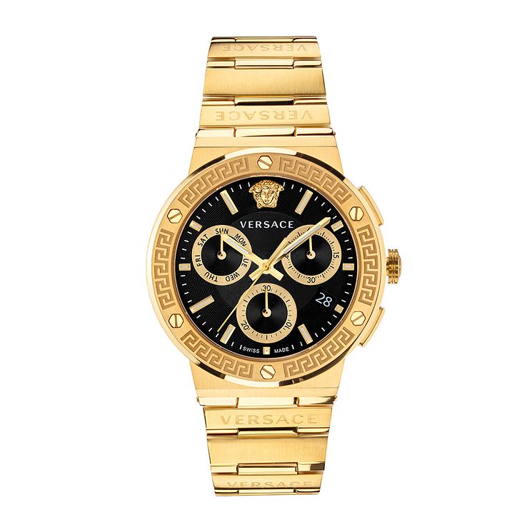 Versace Greca Logo Chronograph Gold Tone Bracelet Watch
