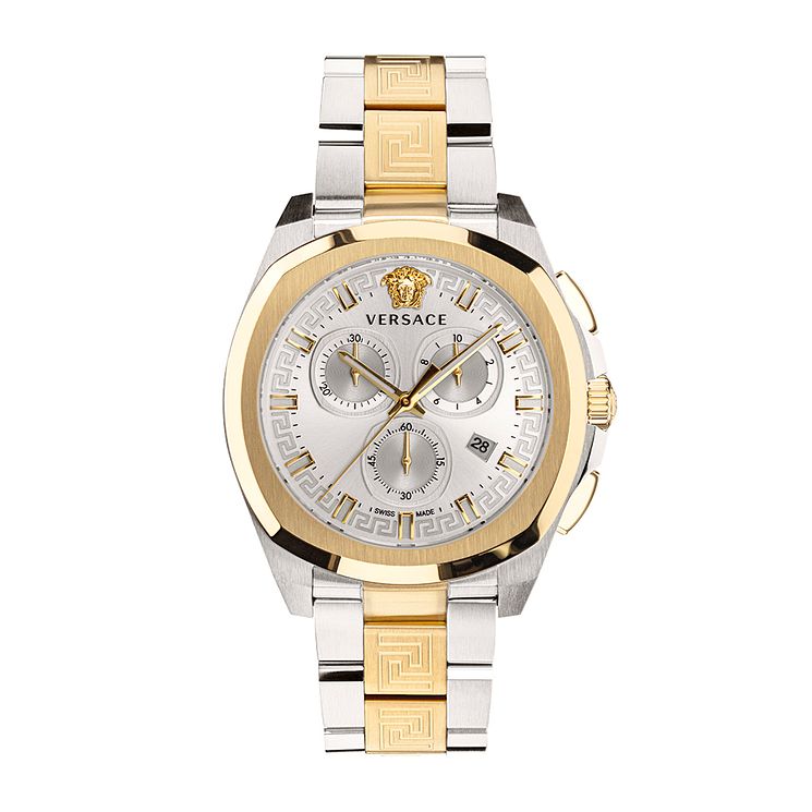 Versace Greca Logo Chronograph Mens Two Tone Bracelet Watch