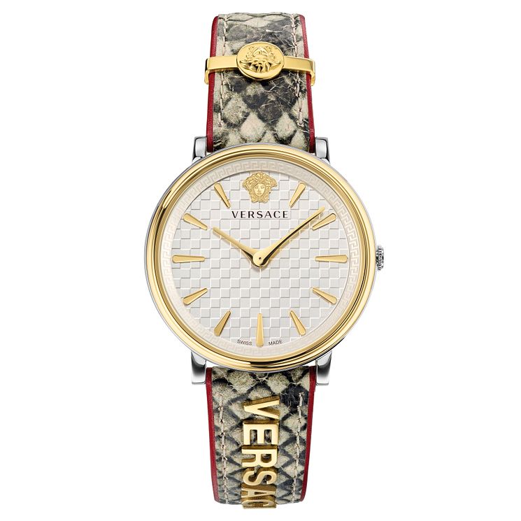 Versace V-circle Ladies Patterned Leather Strap Watch
