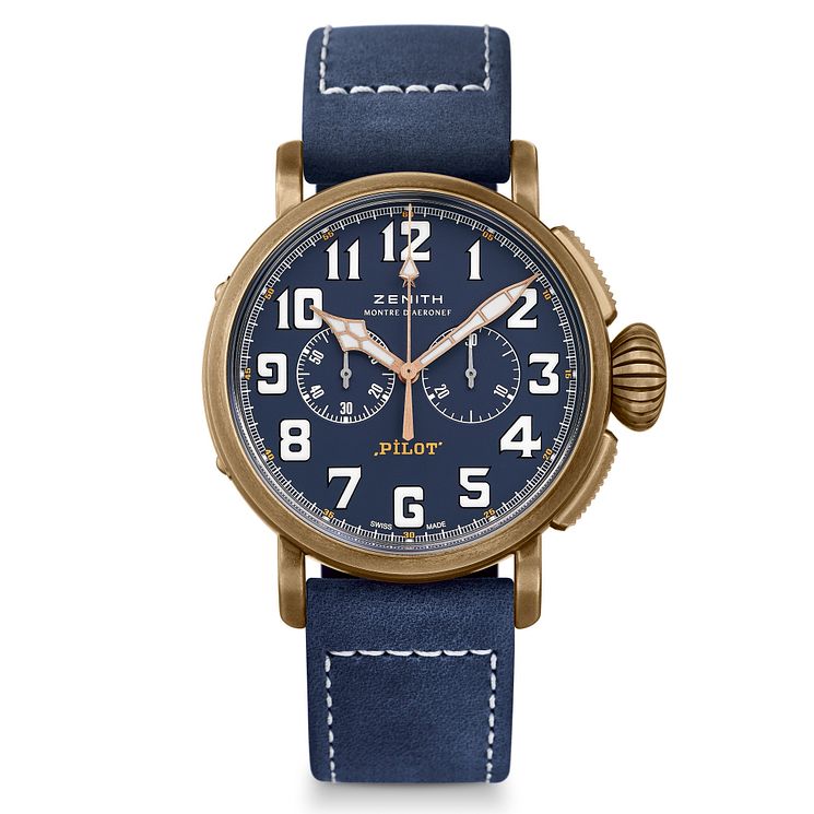Zenith Pilot Mens Bronze Chronograph Blue Strap Watch