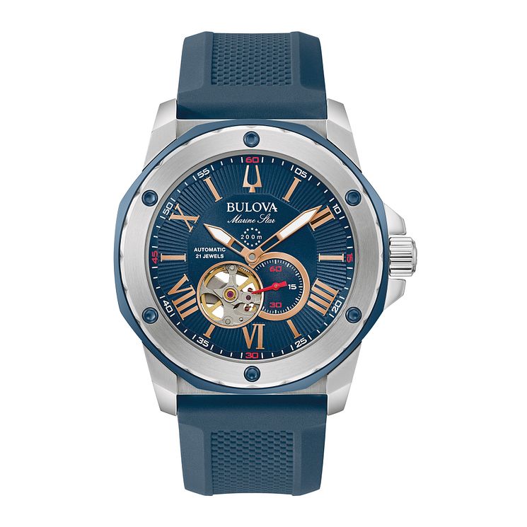 Bulova Marine Star Automatic Mens Blue Silicone Strap Watch