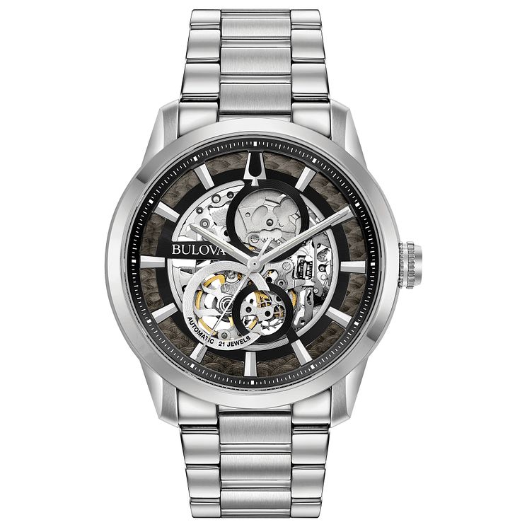 Bulova Mens Sutton Skeleton Stainless Steel Bracelet Watch