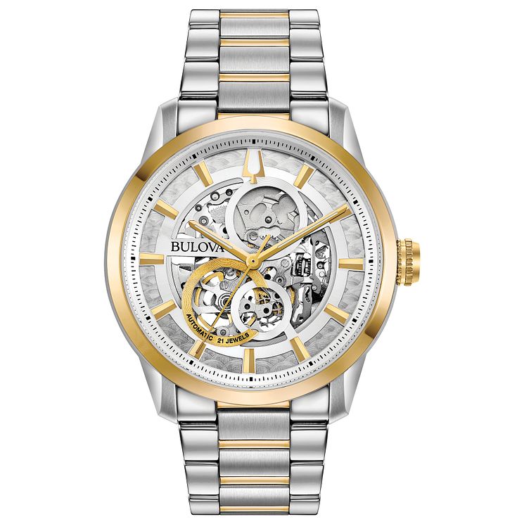 Bulova Mens Two Tone Sutton Skeleton Bracelet Watch