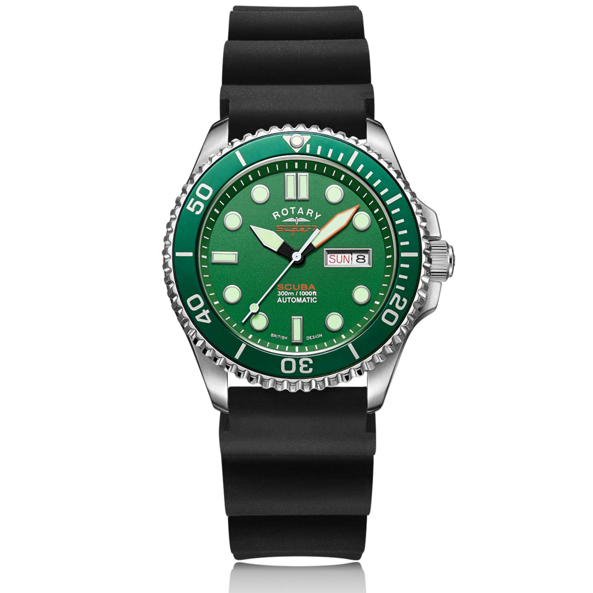 Rotary Super 7 Scuba hulk Automatic Green Dial Silicone Strap Mens Dive Watch S7s003s