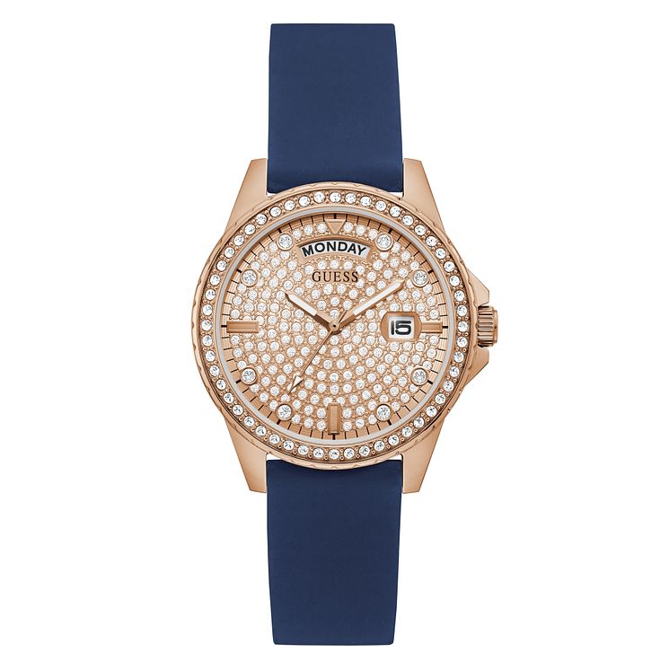 Guess Crystal Ladies Blue Silicone Strap Watch