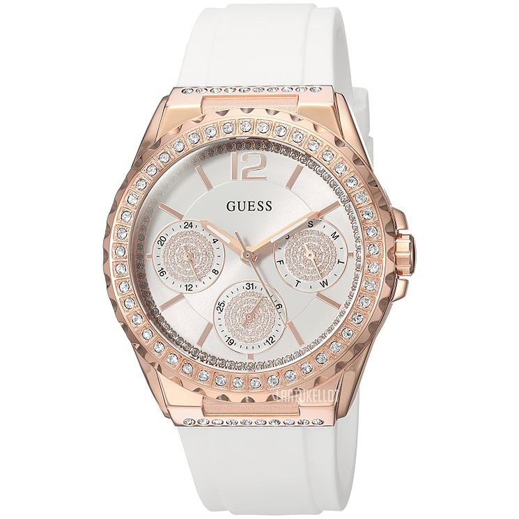Guess Crystal Ladies White Silicone Strap Watch