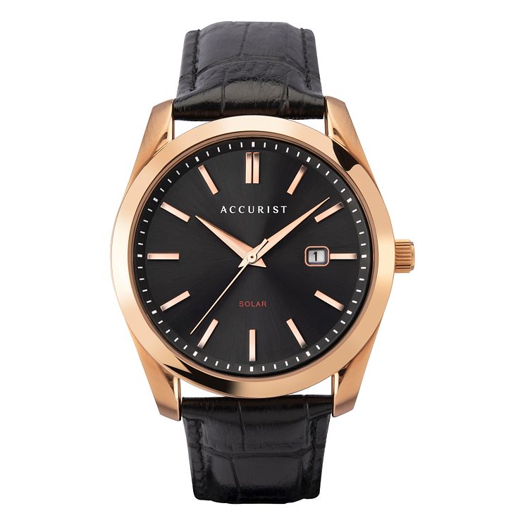 Accurist Solar120 Mens Rose Gold Plated Leather Strap Watch