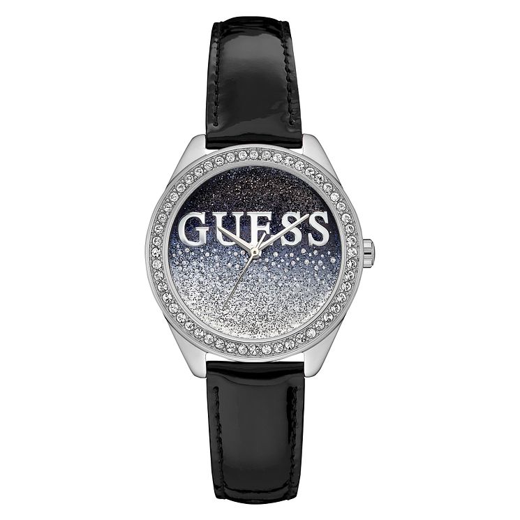 Guess Glitter Girl Ladies Black Leather Strap Watch