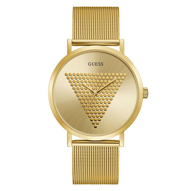 Guess Imprint Mens Gold Tone Mesh Bracelet Watch