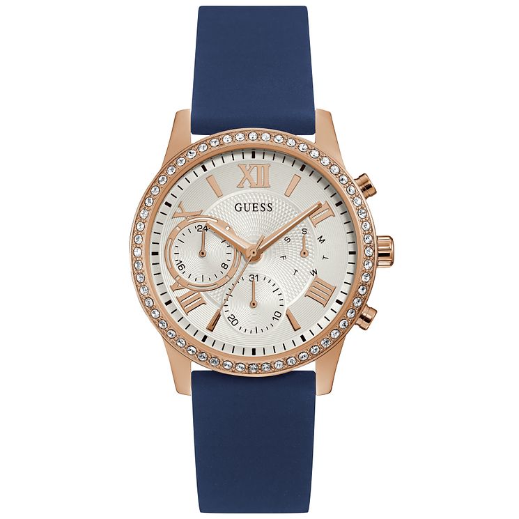 Guess Ladies Crystal Blue Silicone Strap Watch