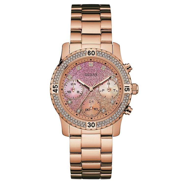 Guess Ladies Crystal Rose Gold Plated Bracelet Watch