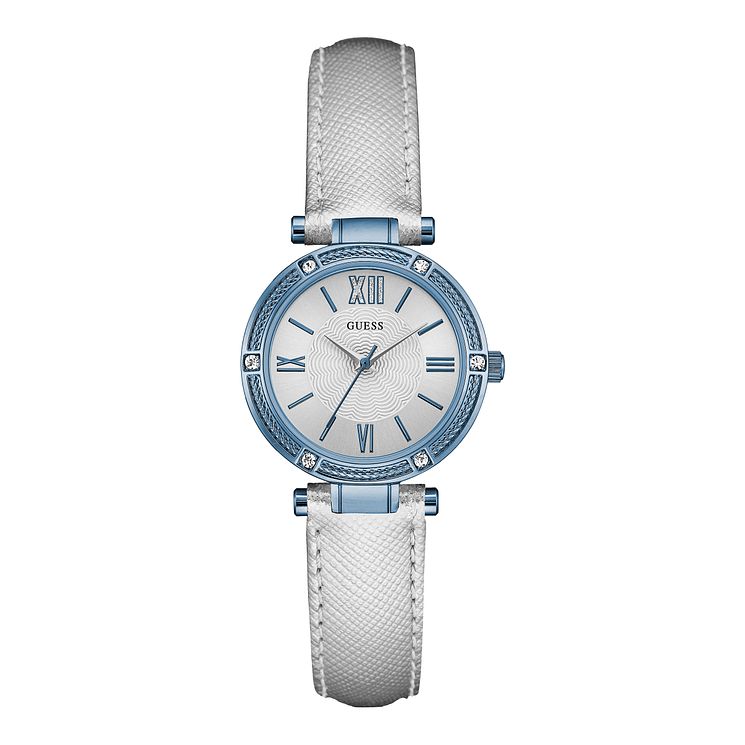 Guess Ladies Crystal Set Silver Leather Strap Watch