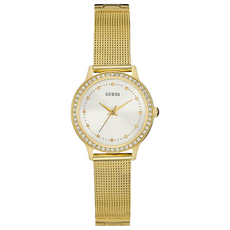 Guess Ladies Crystal Yellow Gold Plated Mesh Bracelet Watch