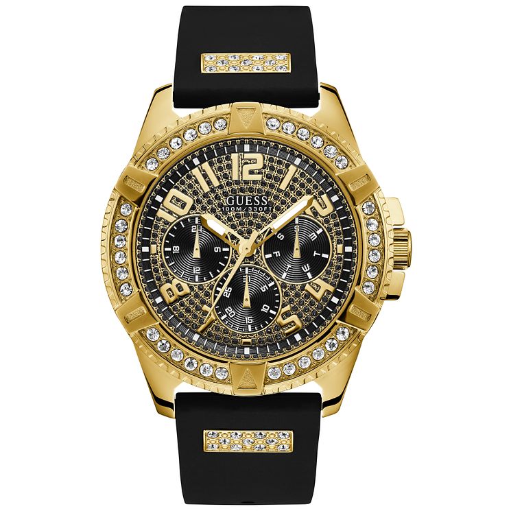 Guess Mens Black Crystal DialandStrap Gold Watch