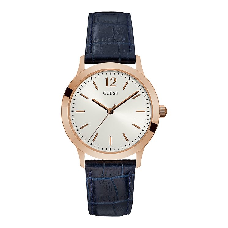 Guess Mens Dark Blue Leather Strap Watch