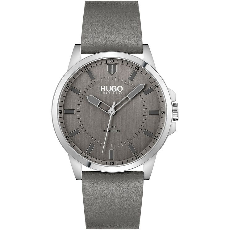 Hugo #first Mens Grey Leather Strap Watch