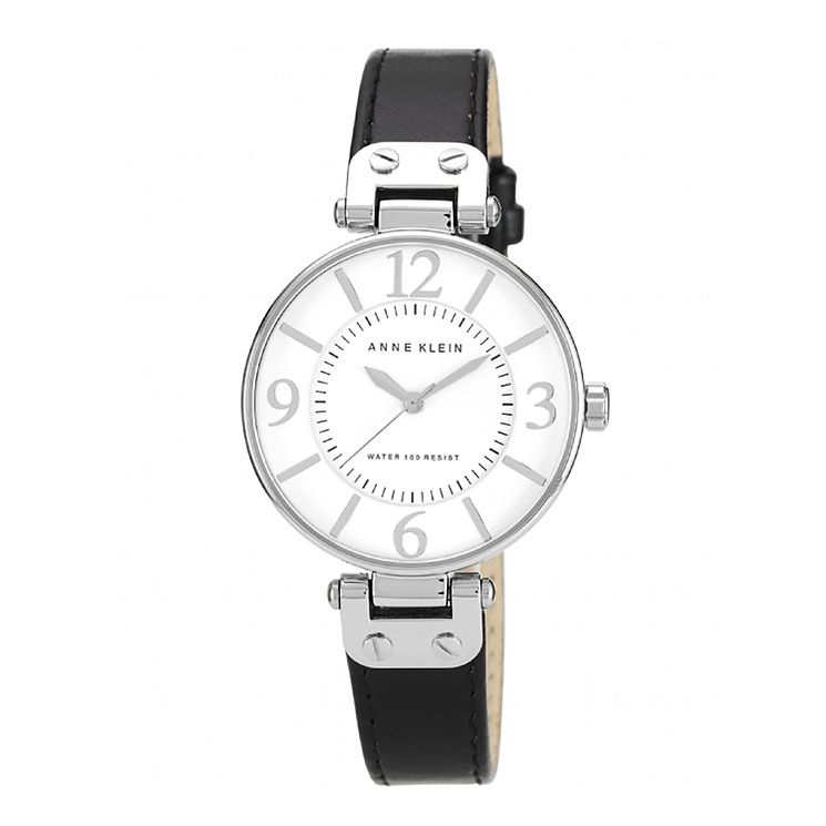 Anne Klein Ladies White Dial Black Leather Strap Watch