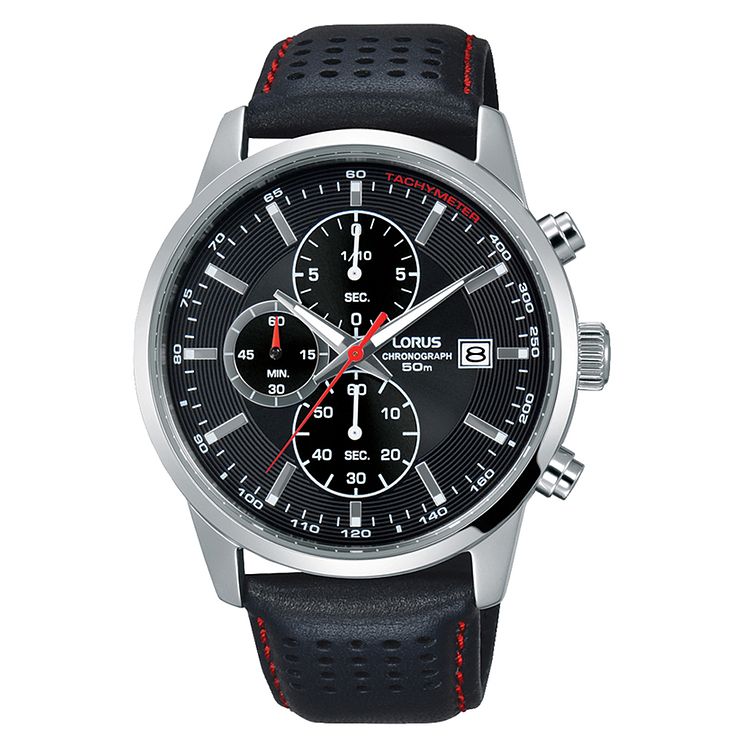 Lorus Mens Black Dial Black Leather Strap Chronograph Watch