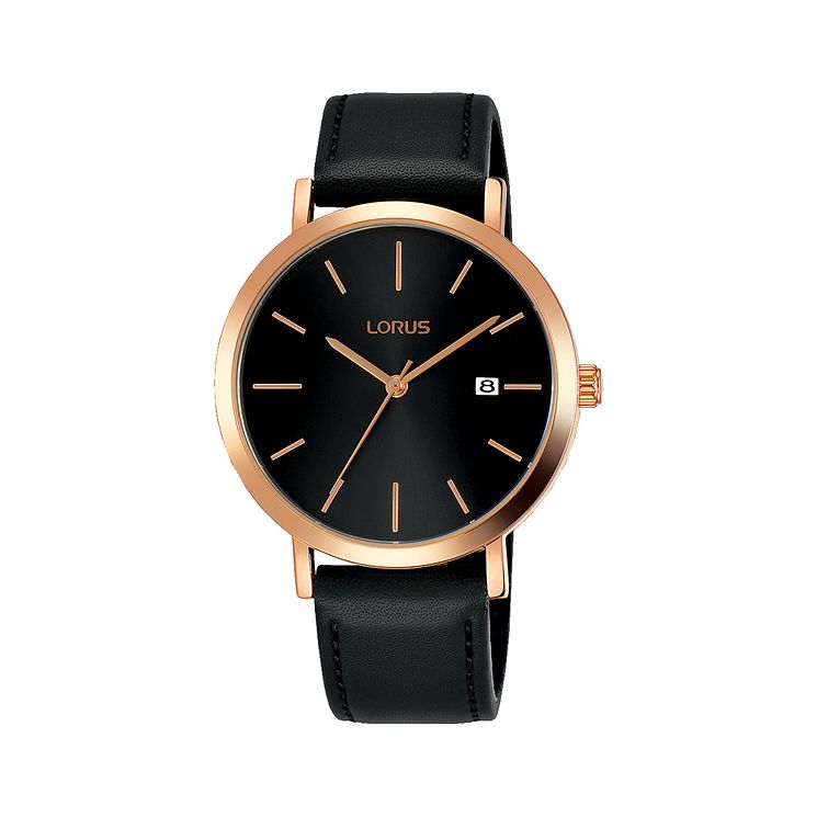 Lorus Mens Black Leather Strap Watch