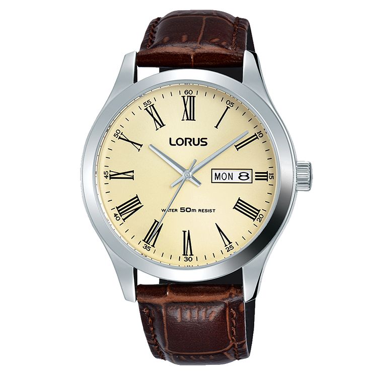 Lorus Mens Brown Padded Leather Strap Watch